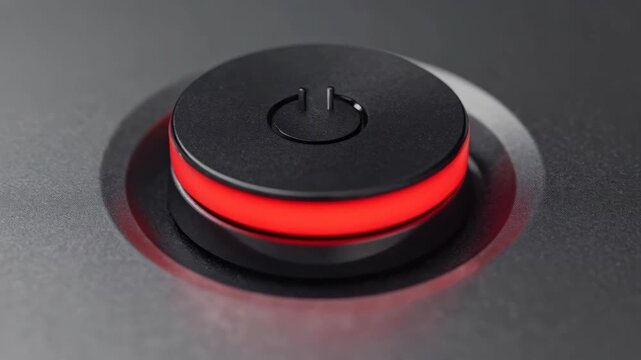 Macro shot of a sleek, circular power button featuring a glowing red illuminated ring on a textured dark surface.