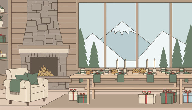 Cozy winter cabin interior featuring a warm fireplace, festive dining table setup, gifts, and a snowy mountain view through large windows.