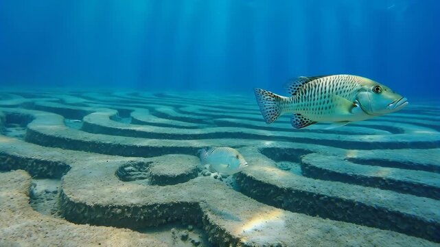 Two sea bream swim over a unique maze-like formation on the sandy seabed in clear blue water with visible sunbeams.