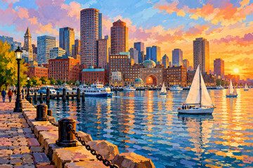 Fototapeta premium Painterly illustration of Boston: Boston harbor boats and waterfront skyline at sunrise, with expressive gouache brush strokes, textured paint and simplified architectural forms.