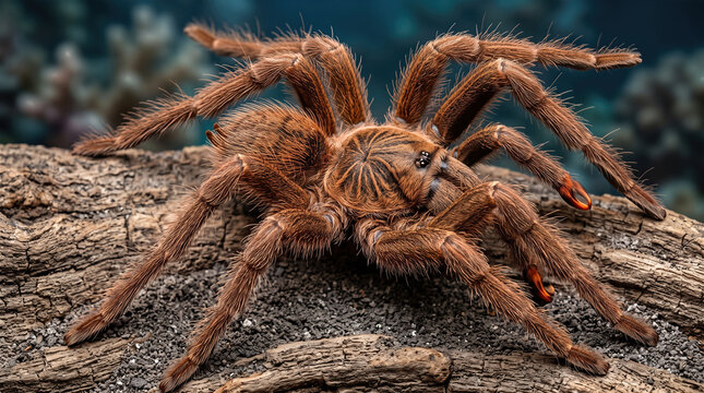 Brown Baboon Tarantula (Pterinochilus murinus) Resting on Weathered Wood Bark