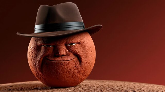 Round textured planet with a smirking human face wearing a brown cowboy hat with dark ribbon, western space character on red brown background, photorealistic surreal photography