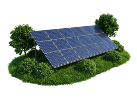 A solar panel setup in a grassy area with trees and bushes around. Ideal for eco-friendly themes.