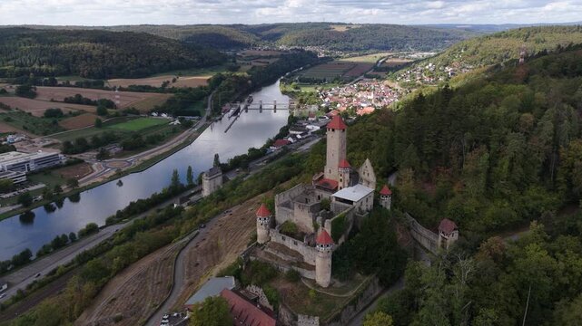 Aerial View of Hornberg Castle Above the Neckar Valley, Germany
