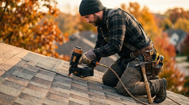 Roofer kneeling on asphalt shingles installing a roof with a nail gun, tool belt with hammer and utility knife, autumn light.