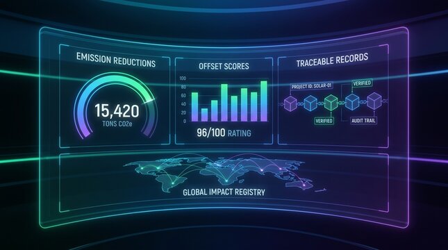 Climate Credit Verification Dashboard Showing Emission Reductions, Offset Scores and Traceable Records
