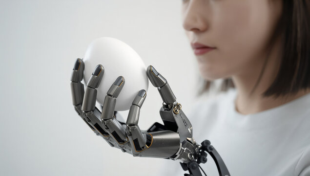 卵形の白い物体を持つ機械の手と女性