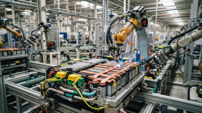 Electric vehicle battery modules, charging connector, copper busbars and robotic welders on an assembly line in a modern manufacturing plant.