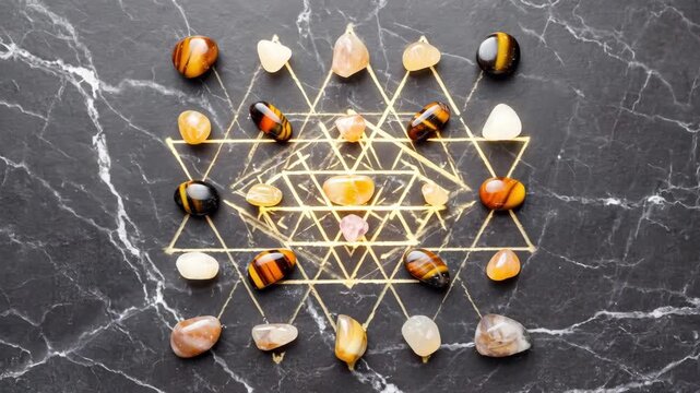 Top view of polished tiger's eye and agate gemstones arranged on a gold sacred geometry mandala on a black marble surface.