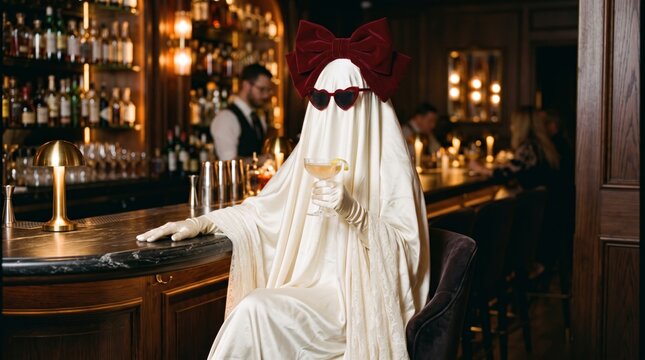 Stylish sheet ghost with a large red bow and heart shaped sunglasses holds a cocktail at an elegant bar