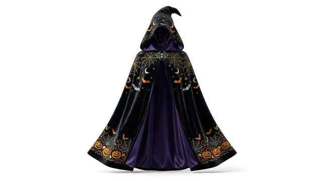 Halloween witch cloak with purple lining and gold pumpkin and spiderweb print isolated on white background