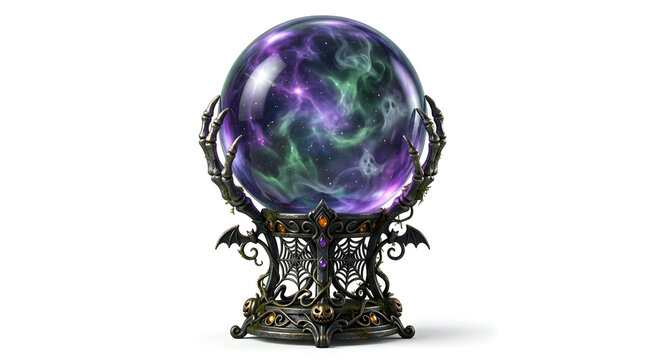 Mystical crystal ball with swirling purple and green nebula energy held by an ornate gothic claw stand on a white background