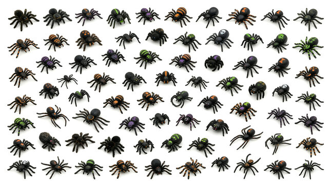 Collection of various small black spiders isolated on a white background, top view of multiple arachnids arranged in a grid pattern for scientific study