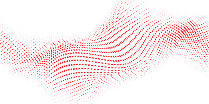 Abstract red halftone wave with flowing dotted lines and smooth particle gradient for modern technology banners and poster backgrounds