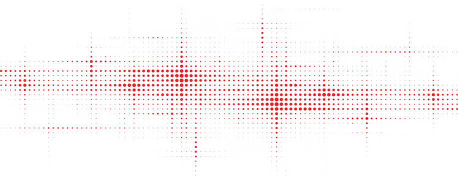 Abstract red halftone dotted grid with horizontal particle waves and fading geometric texture for modern banners and digital backgrounds