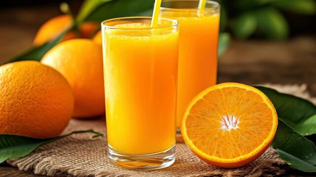 Two glasses of freshly squeezed orange juice and a sliced orange on a rustic burlap surface with fresh green leaves.
