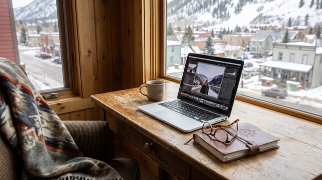 Mature Traveler Workspace with Laptop, Reading Glasses and Travel Journal Beside a Cozy Window