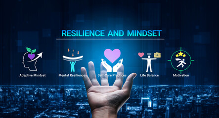 Fototapeta premium Conceptual illustration of resilience and mindset showcasing adaptive thinking, mental strength, self-care approaches, work-life harmony, and motivation symbols against a digital background. Haptic.