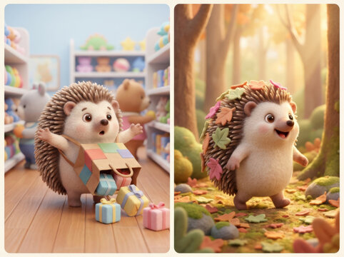 Cute hedgehog with torn shopping bag vs autumn forest walk, Black Friday overconsumption concept