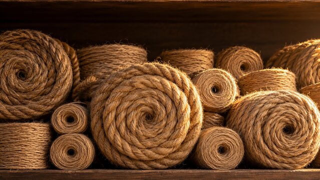 Coiled natural jute rope spools arranged in layered rows under warm side light