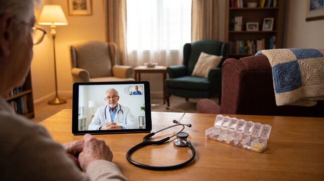 Senior Telehealth Setup with Tablet, Digital Stethoscope and Medication Organizer in a Warm Home