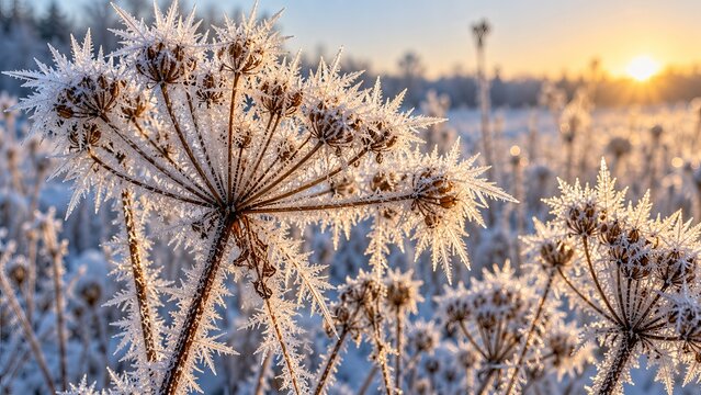 Hoarfrost needles coating dried wildflower seed heads in frozen meadow