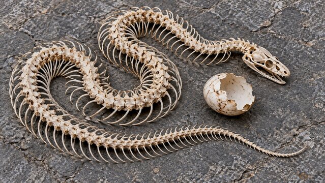 Snake skeleton positioned beside an unfertilized egg shell for scale study