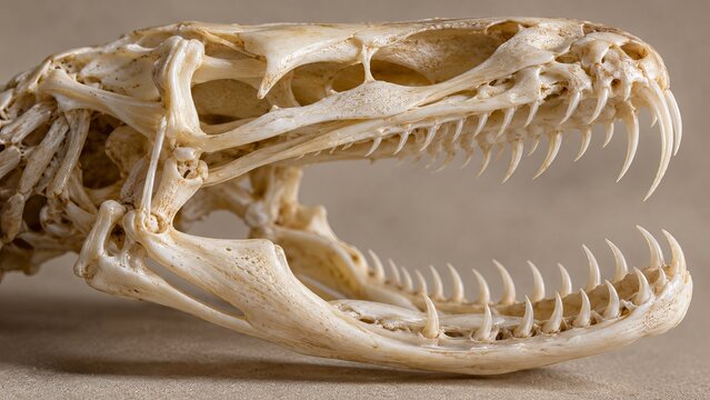 Snake jaw skeleton opened to display cranial articulation on a neutral surface