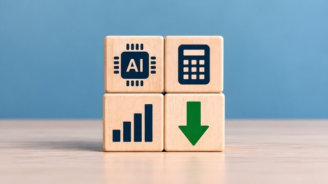 Wooden blocks displaying artificial intelligence calculator bar chart and downward arrow icons representing financial cost reduction and automated business analytics