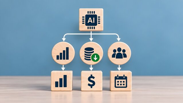 Organizational flowchart made of wooden blocks with artificial intelligence analytics cost reduction and team icons representing business strategy and financial management