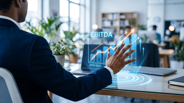 Businessman sitting at a desk interacting with a glowing blue digital ebitda bar chart and upward trend line hologram, office background