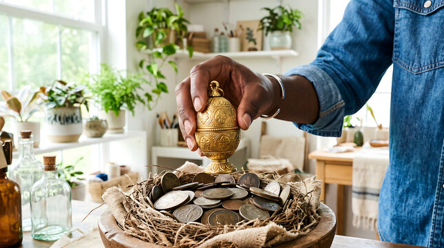 Close up of a person's hand placing a small, ornate, golden egg-shaped container into a wooden bowl filled with various metallic coins and straw, indoor home setting