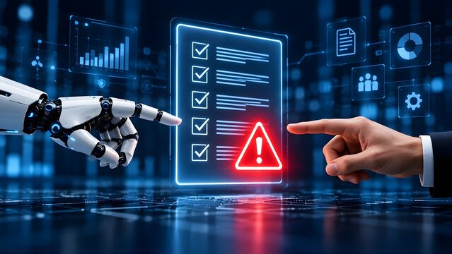Human and robot hand pointing at glowing digital checklist with red warning triangle representing AI automated audit, compliance error, and system risk alert.