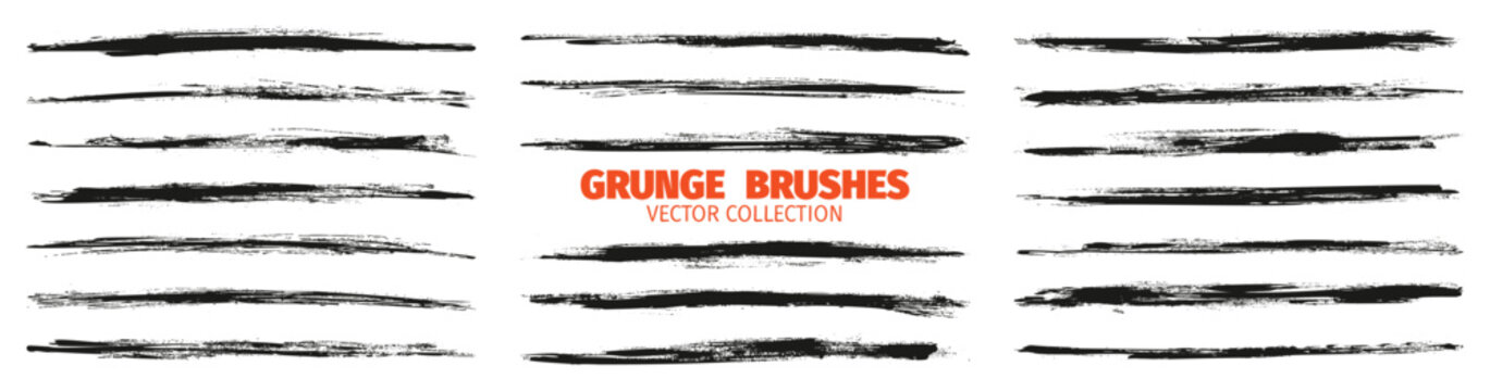 Black ink long grunge brush stroke shapes and graffiti paintbrush stains set. Dirty smudge and paint spray long grunge border elements of dirt splash or splatter of ink brushstroke for frame edges