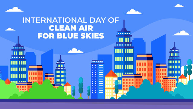 International Day of Clean Air for Blue Skies horizontal website header banner featuring eco smart city skyline