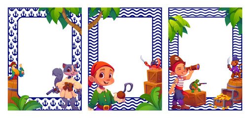 Naklejka premium Kids pirate photo frames with young corsairs, animals and treasures. Vector cartoon borders with child buccaneers, parrot, cat, monkey, turtle, crab, treasure chest, gold coin and nautical pattern