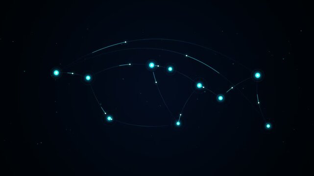 Abstract constellation shape moving with glowing light nodes against dark space background motion.