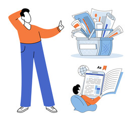 A person organizing documents and reading digital content vector illustration. Data management, information research, office productivity, knowledge acquisition, digital learning, task organization © Dmytro