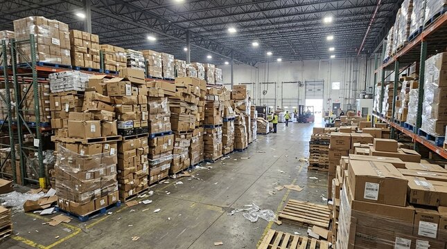 Wide Shot of Warehouse with Cardboard Boxes Stacked Precariously High Showing Unsafe Overstock Storage