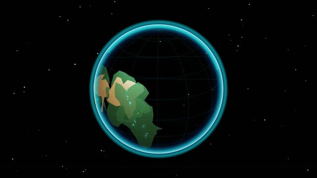 Abstract continental plates shifting position on spinning globe in dark cosmic space animation.
