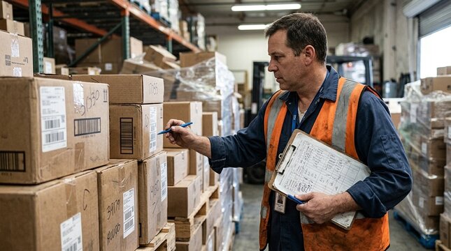 Close-Up of Warehouse Worker Counting Boxes in Overflow Storage Area Showing Manual Inventory Count