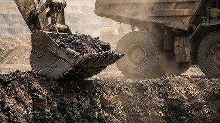 Obraz premium Open-pit coal mining scene with a haul truck, excavator bucket and layered coal seams under a haze of dust