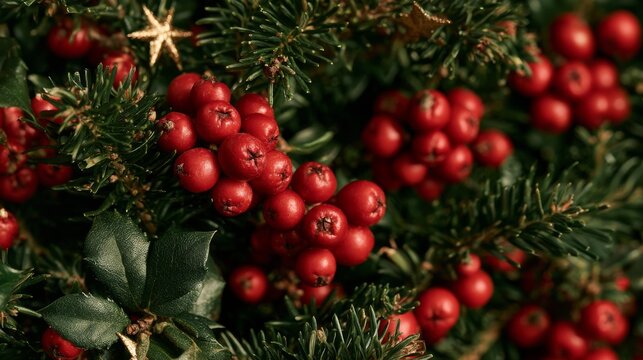 Christmas greenery with red berries and gold star decorations