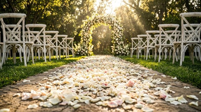 Garden outdoor wedding aisle strewn with flower petals and floral arch