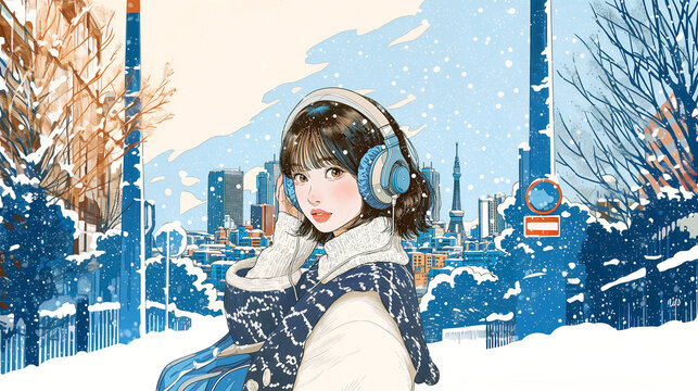 雪の降る都会の街をヘッドホンをして歩く女性