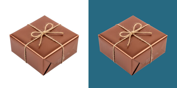 Square brown gift box wrapped with rustic twine bow for holiday celebration