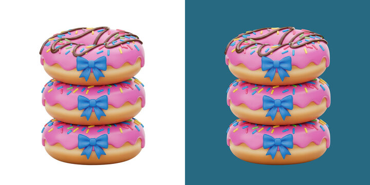 Stack of three delicious sweet glazed donuts with pink icing and blue bows