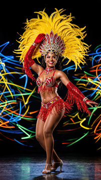 Brazilian Samba Dancer in Feather Headdress and Sequined Costume Performing on Stage