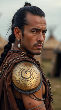 Portrait of an Ancient Steppe Warrior in Traditional Tunic and Embossed Pauldron Looking Over Shoulder