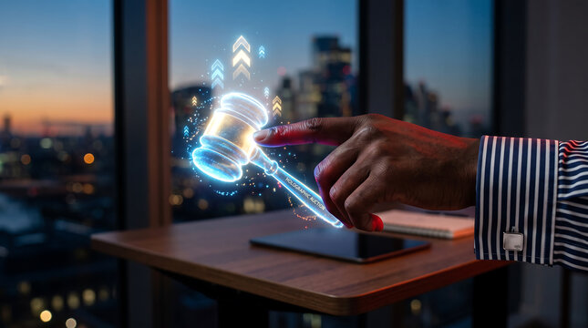 A person's finger touching a glowing, holographic auction gavel with rising arrow icons, set against a blurred city skyline at dusk